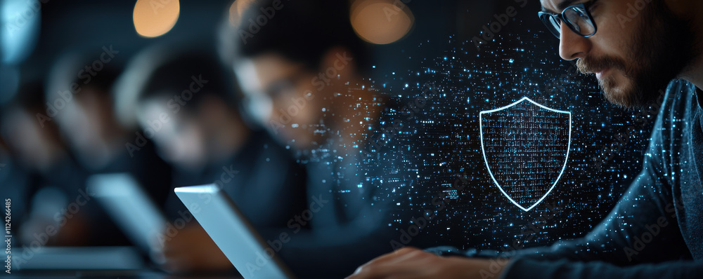 Poster person focused on cybersecurity work with shield symbol representing data protection and digital saf