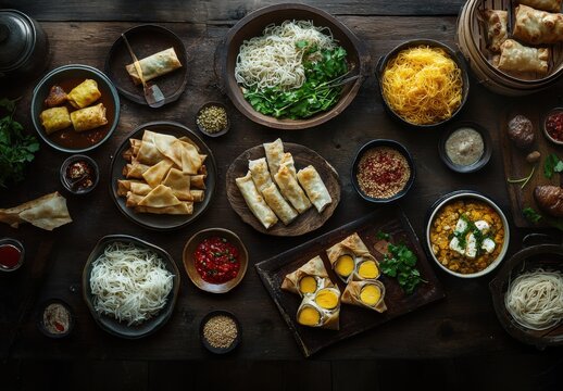 A Bountiful Spread of Authentic Asian Cuisine Featuring Dumplings, Noodles, Spring Rolls, Fried Snacks, Condiments, and Fresh Herbs on a Rustic Wooden Table
