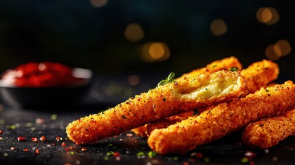 Crispy deep-fried mozzarella sticks with gooey cheese restaurant kitchen food dark setting close-up shot