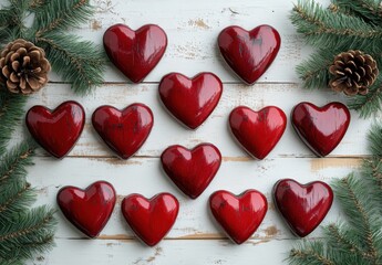 A Charming Arrangement of Red Wooden Hearts Surrounded by Pine Cones and Evergreen Foliage on a Rustic Wooden Surface for Valentine's Day or Romantic Occasions