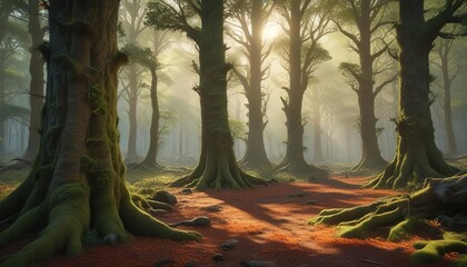 Glowing forest with a carpet of soft light covering the ground and mossy trunks of ancient glowing trees, soft light, ancient