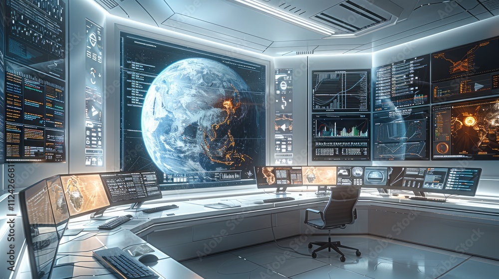 Leinwandbilder a futuristic office with a sleek desk and multiple computer screens displaying diverse information, 
