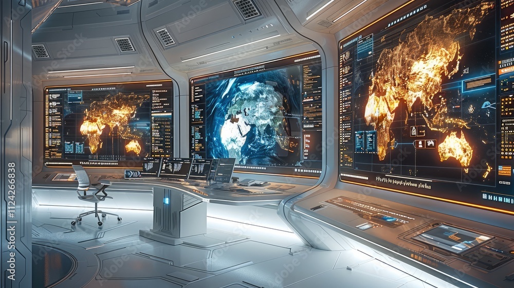 Leinwandbilder a futuristic office with a sleek desk and multiple computer screens displaying diverse information, 