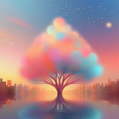 멋진 네온 하늘, 거대한 나무 주변 아름다운 장식 일러스트. 02