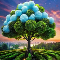 멋진 네온 하늘, 거대한 나무 주변 아름다운 장식 일러스트