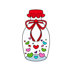 A jar filled with hearts and a red ribbon