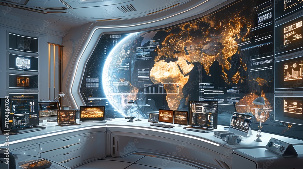 Leinwandbilder a futuristic office with a sleek desk and multiple computer screens displaying diverse information, 