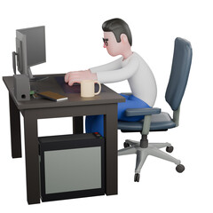 Professional Video Editing 3D Cartoon Model. A Male Video Editor sits on a chair with a computer on the table. Professional Model.