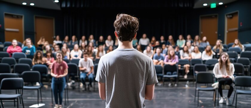 A high school drama rehearsal with students practicing lines on stage.
