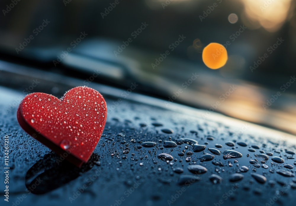 Poster a close-up view of a red heart figurine on a wet surface with drops of water reflecting soft light i
