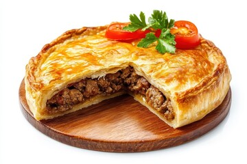 Isolated studio shot of a flavorful beef pie