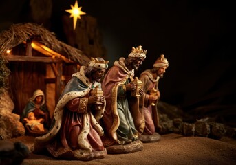 Three wise men at the nativity scene with mary, joseph, and baby jesus