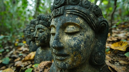 Obraz premium Weathered Buddha Statues In A Forest Setting
