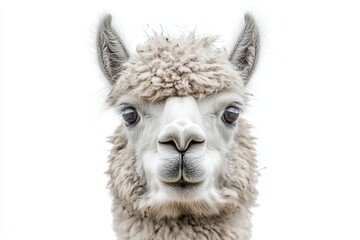 Obraz premium Isolated white background with a silver grey alpaca facing the camera