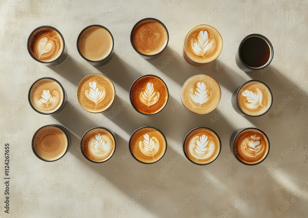 Poster a collection of beautifully crafted coffee drinks with latte art displayed in cups on a rustic table