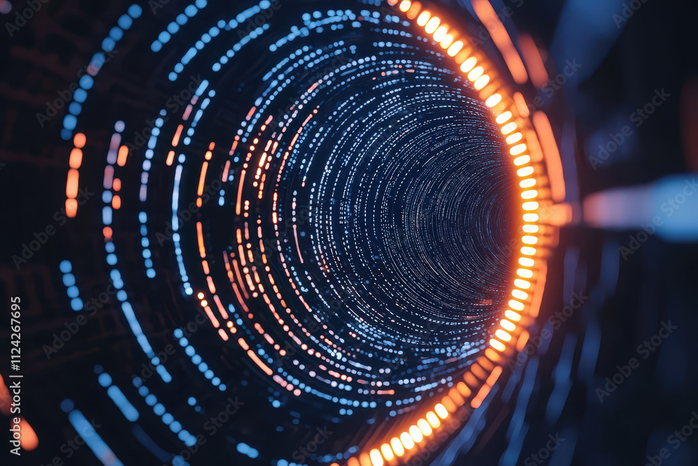 Poster high tech digital vortex with swirling abstract patterns in blue and orange. this mesmerizing tunnel
