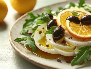 Refreshing fennel and orange salad with black olives and arugula healthy kitchen food bright lighting culinary delight