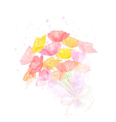 カラフルなポピーの花束の水彩イラスト。華やかな雰囲気で幸福感溢れる画像。