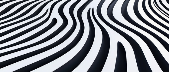 Minimalist abstract black and white striped pattern creating dynamic visual flow. wavy lines evoke sense of movement and modern design aesthetics