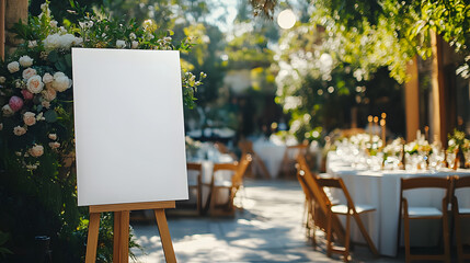Blank canvas on an easel in a sunlit garden surrounded by wedding tables, white flowers, and lush greenery, creating an elegant and romantic setting.