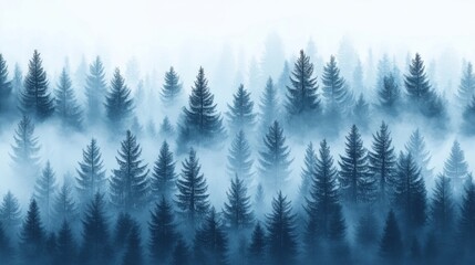 Obraz premium Misty Pine Forest Landscape, Blue-toned Background Illustration.