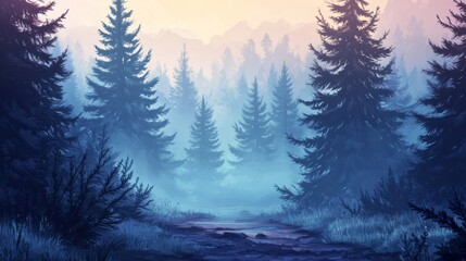 Fototapeta premium Misty forest path leading through pines to mountains, painted digital art.