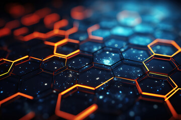 Hexagon molecular nanotechnology grid on dark futuristic backdrop