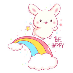 Affirmation for kids playroom, nursery. Sticker with inspirational positive quote Be happy. Cute little bunny walks on the rainbow. Can be used for card, poster, t-shirt print. Vector EPS8