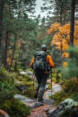Naklejka premium A hiker makes his way along a rocky trail in a vibrant forest, adorned with colorful autumn foliage, while carrying a heavy backpack