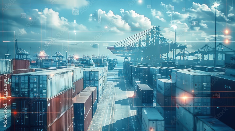 Poster ai-powered container tracking and routing optimization. taken from an elevated position.