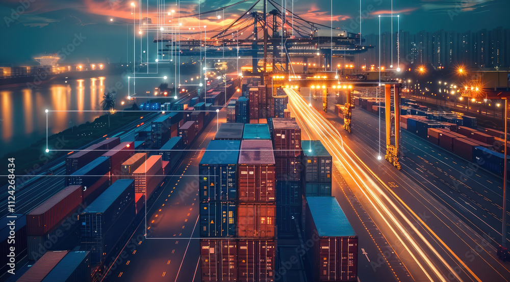 Poster ai-powered container tracking and routing optimization. taken from an elevated position.