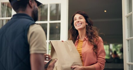 Phone, food and woman at front door with delivery man for online shopping, sales and distribution service. Smile, courier and customer with paper bag, meal kit subscription and takeout order for home