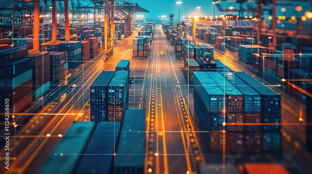 Poster ai-powered container tracking and routing optimization. taken from an elevated position.