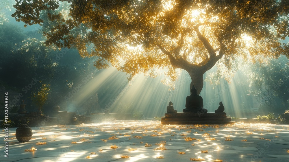 Poster serene scene with a large tree and statue, illuminated by sunlight.