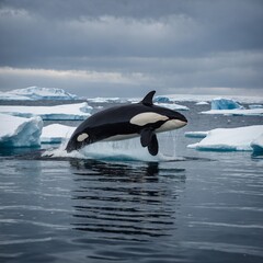 Fototapeta premium A majestic orca breaching in the icy waters of the Arctic.