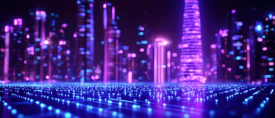 Obraz premium Construction and Technology, A vibrant futuristic cityscape illuminated with neon lights and digital patterns, showcasing innovation and energy.