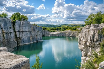 Naklejka premium Limestone quarries featuring stunning landscapes of rocks trees water and clouds