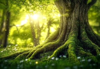 Fototapeta premium Moss-covered tree roots spread in sunlit forest