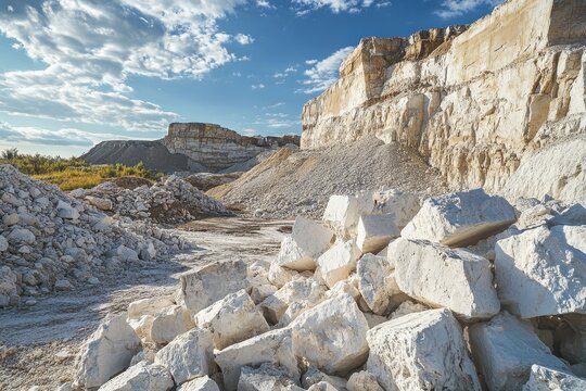 Limestone pit in Chalk Hills West Kazakhstan near Uralsk for brick production with heaps of chalk