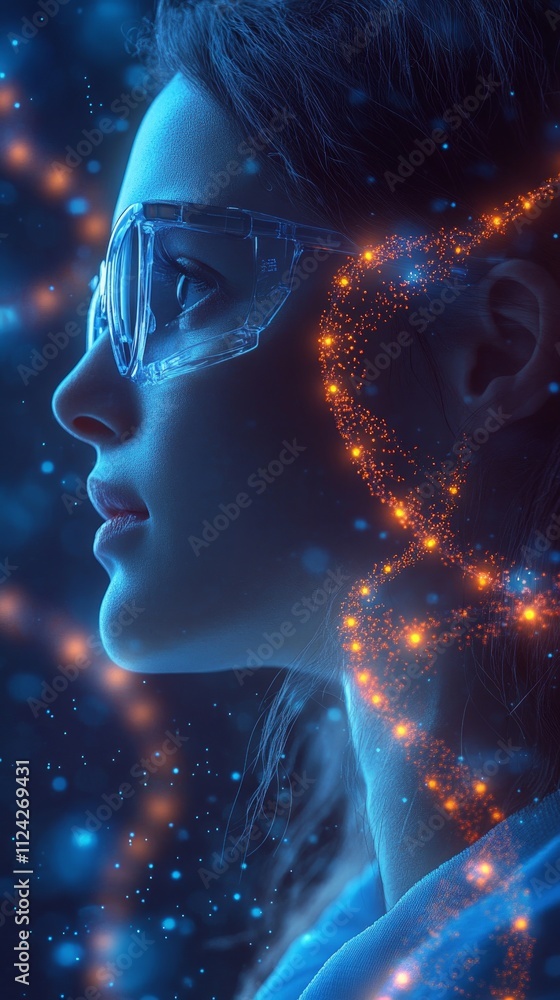 Poster a scientist examines genetic sequences while wearing protective goggles in a lab illuminated by glow