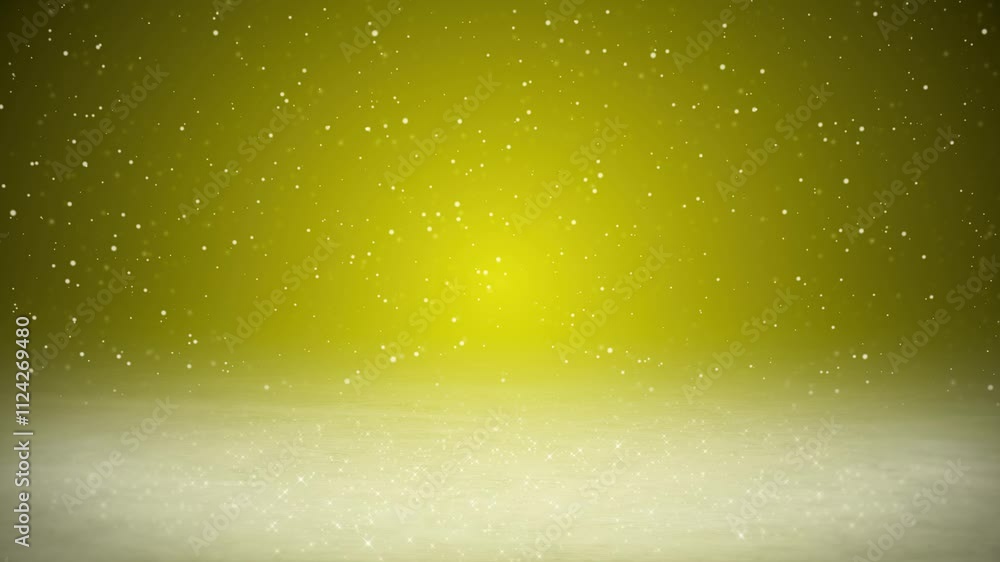 Poster video animation of falling snow and an icy, sparkling floor on a yellow background - seamless loop -