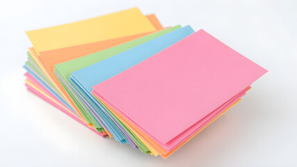 A stack of multicolored sticky notes fanned out, isolated on white background