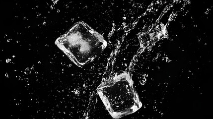 ice cubes with water particles splash in motion air, on black background for overlay