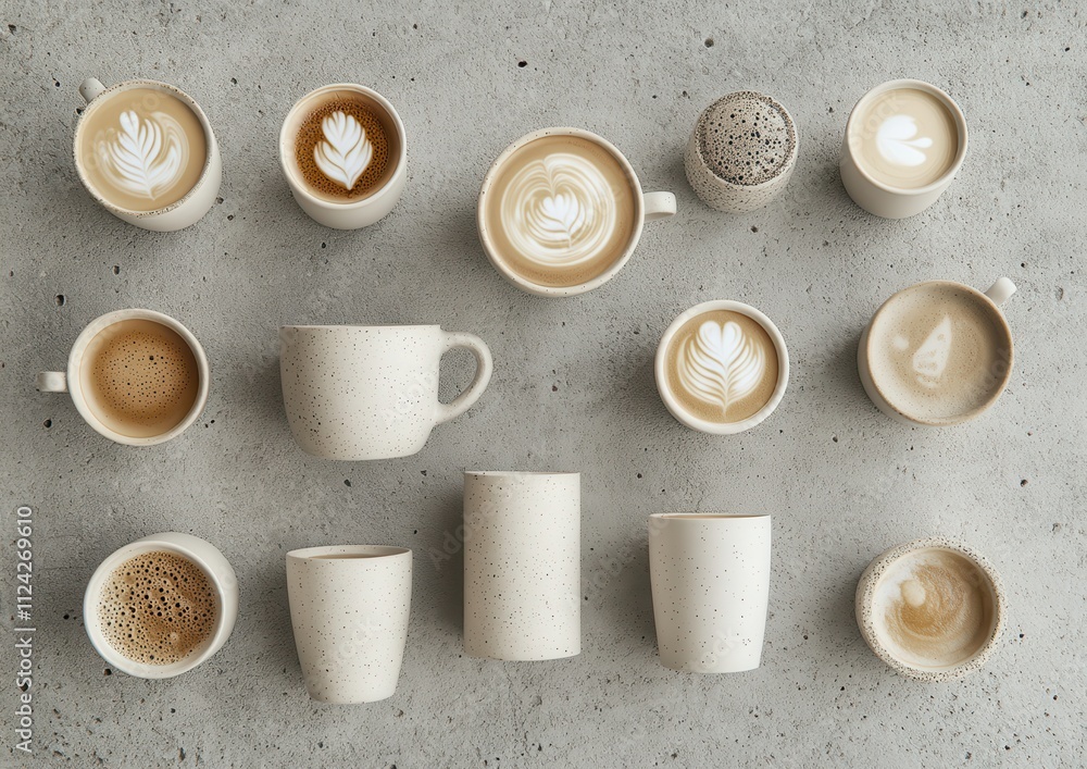Aufkleber a delightful array of coffee mugs featuring intricate latte art on a textured concrete surface for c