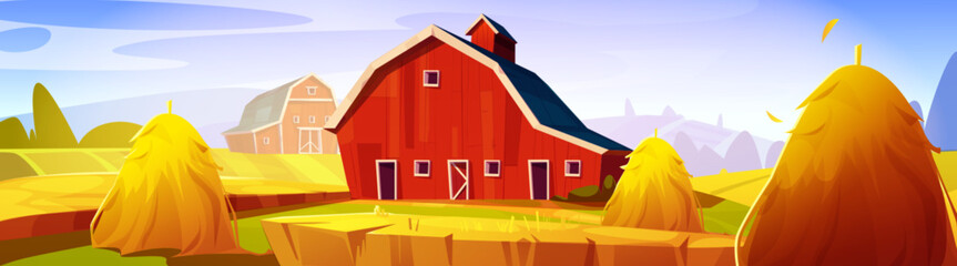 Red barn in autumn rural landscape with hay stacks on yellow fields on hills. Fall seasonal countryside scenery with wooden shed. Cartoon vector ranch farmhouse for cattle and harvest storing. © klyaksun