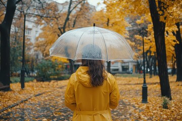 Man in yellow raincoat and long hair holds clear umbrella in serene autumn park with fallen leaves viewed from behind