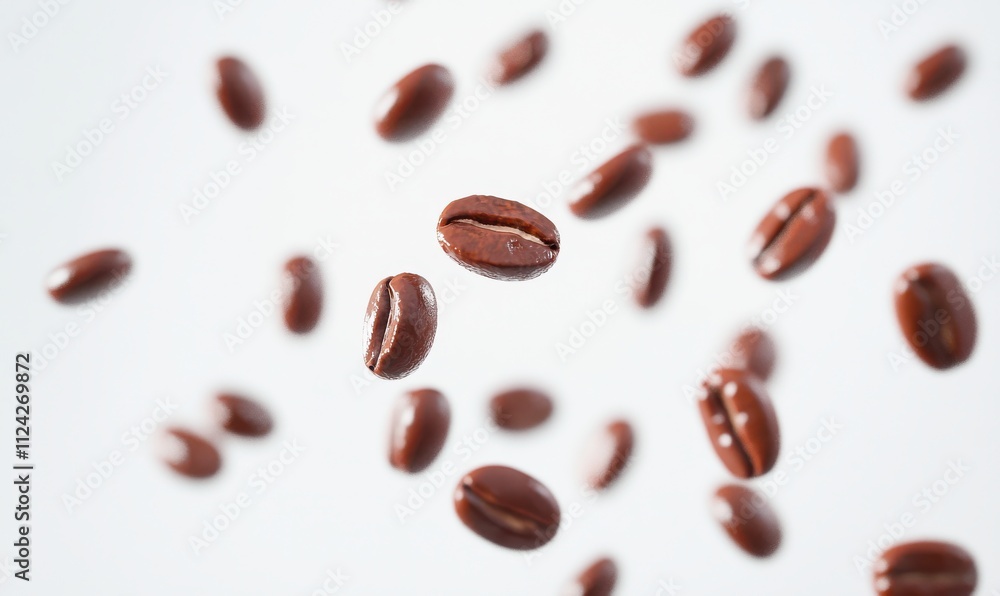 Poster a dynamic display of coffee beans floating in the air on a light background, capturing the essence o
