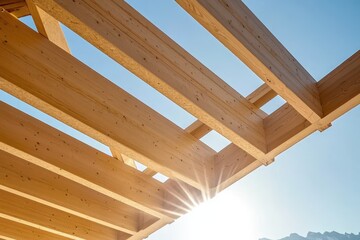 Manufactured wood beams supporting a house s roof in progress