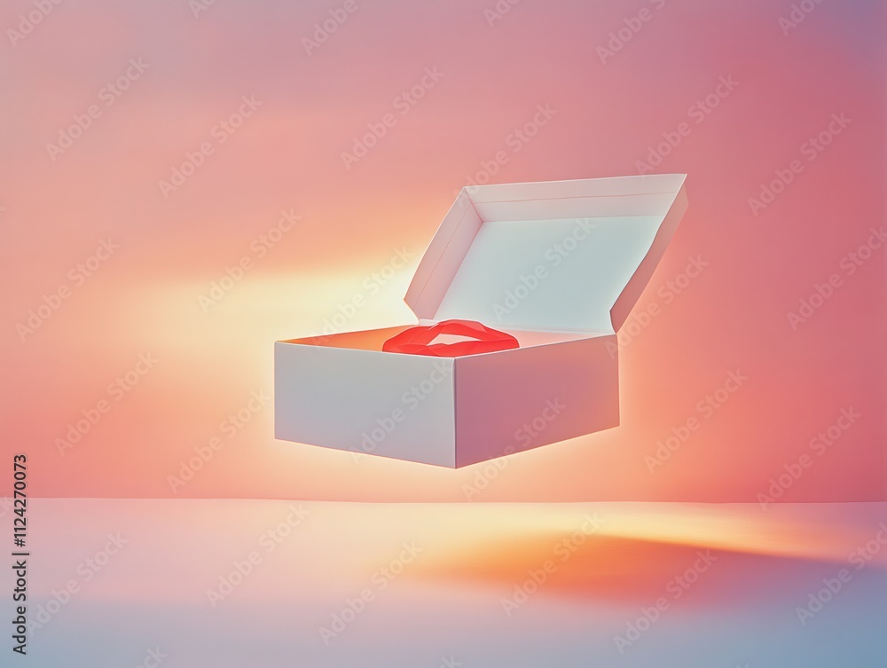 Poster A Floating White Box with a Red Lipstick Kissing Print Against a Soft Color Gradient Background Casting a Dreamy Glow in a Modern Minimalist Style