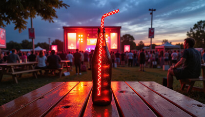 Glowing bottle with straw on wooden table at outdoor festival